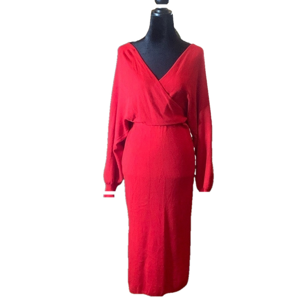 Red sweater dress size medium deep v neck midi M minimalist fall winter